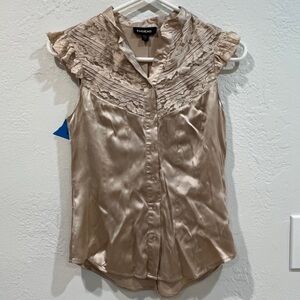 bebe Satin Beige Ruffle Blouse